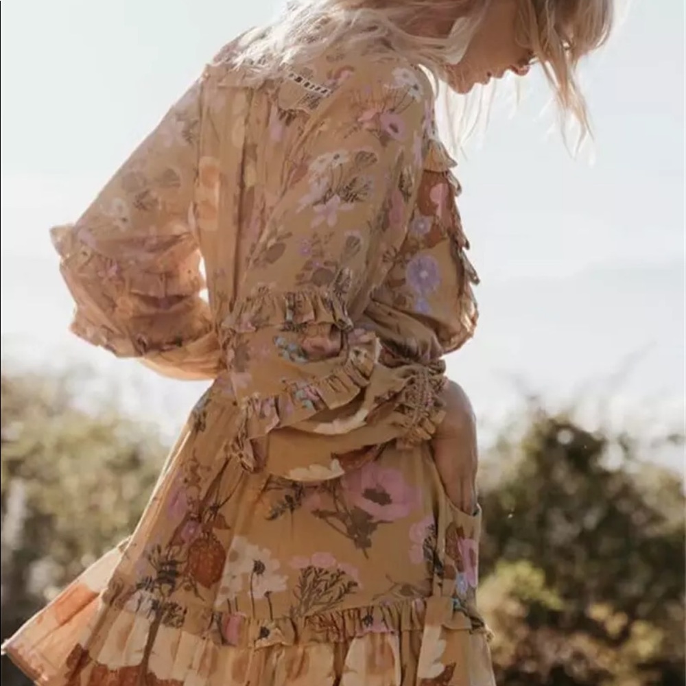 Boho 60’s Floral Gypsy Print Ruffle Dress Yellow - Picture 2 of 12